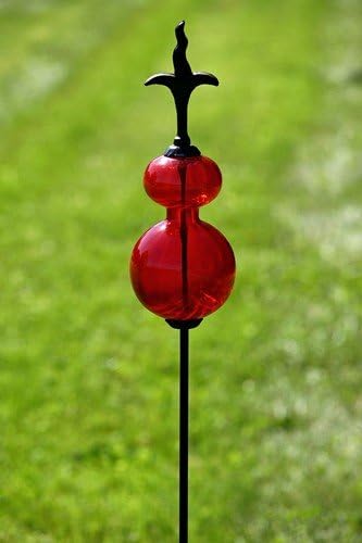 Colored Blown Glass Garden Stake with Cast Iron Finial on Top (Candy Red (Pack of 2))
