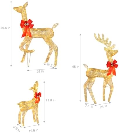 VINGLI Lighted Reindeer Christmas Decoration 3-Piece Deer Family Set for Outdoor Decor, Pre-lit 270 LED Christmas Deers for Outdoors Yard Ornament with Stakes, Zip Ties-Gold