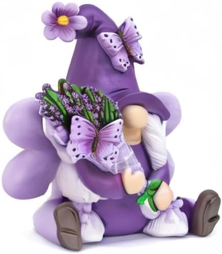 Lavender Gnomes Decor, Spring Resin Garden Gnome Decorations for Home Indoor/Outdoor Pastel Purple Spring Lavender Decorations Farmhouse Butterfly Gnome