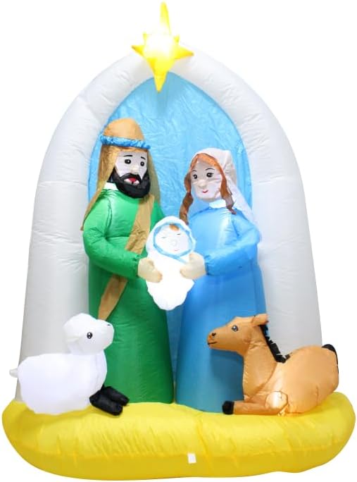 6 Feet Indoor Outdoor Nativity Scene Inflatable Christmas Decor , LED Lights Holiday Garden Yard Lawn Decoration, Xmas Blow up Decoration,Featuring Mary Joseph Baby Jesus with Cute Sheep and Deer
