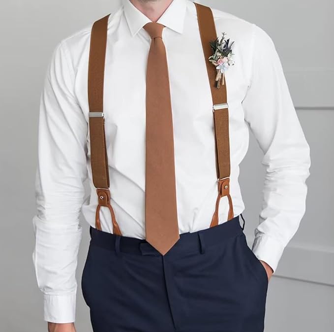 UPSONG Mens Suspenders,Brown Leather Button Tab and Clip Braces Heavy Duty Suspender Wedding Suspenders for Groom Groomsmen