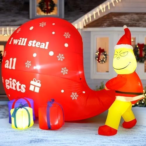 8FT Christmas Inflatable Outdoor Decorations Grinch Inflatable with Giant Gift Sack, LED Blow Up Christmas Yard Decor Outdoor Holiday Stealing Gifts Decoration for Lawn, Garden & Porch