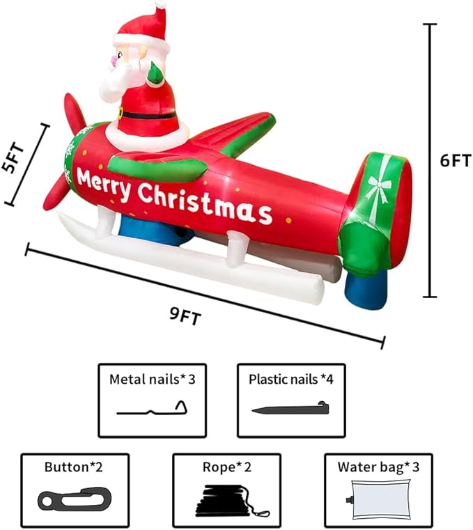 KOOY 9FT Christmas Inflatables Santa Claus on Airplane Outdoor Decorations Blow Up Giant Yard Decoration Bright LED Lights for Garden Yard Lawn Outdoor Indoor Holiday Xmas Gifts