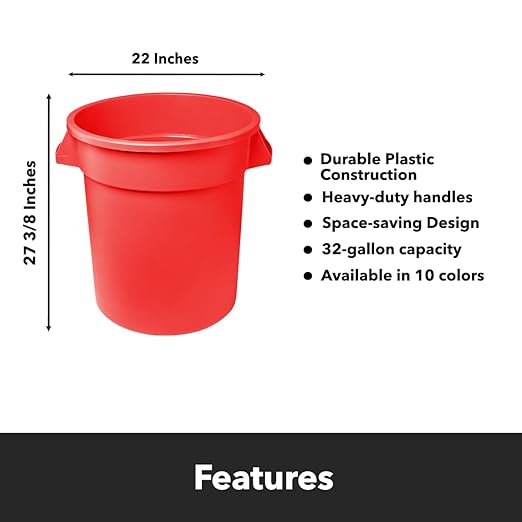 Feed and Seed Storage Container, 32 Gallon Red Round Commercial Trash Can, Food Storage Plastic Bin, Use in Agricultural, Gardening, or Household