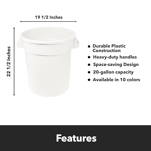 Feed and Seed Storage Container, 20 Gallon White Round Commercial Trash Can and Lid, Food Storage Plastic Bin, Use in Agricultural, Gardening, or Household