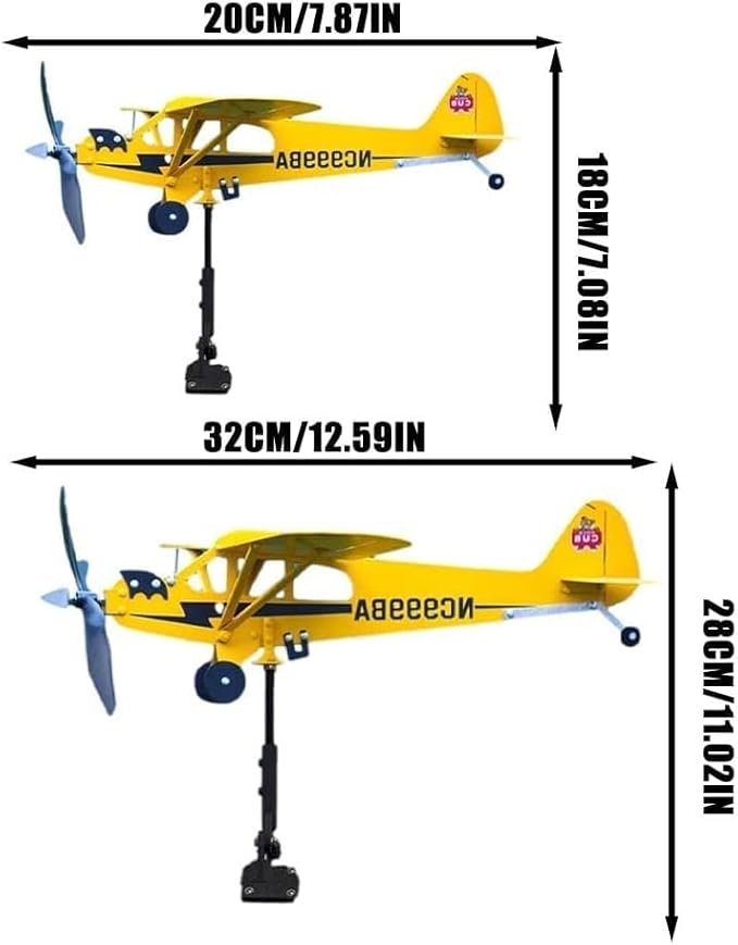Piper J3 Cub Airplane Wind Spinner - Metal Airplane Weathervane, Handmade Windmill, Outdoor Decor Gift for Flight Lovers (20 x 18cm)