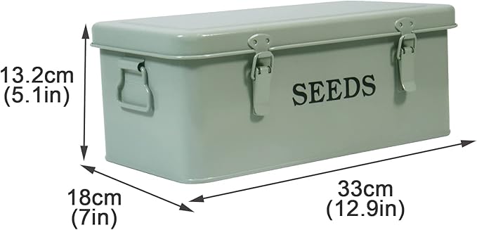 Garden Seed Box, Green Metal Seed Storage Box, Seed Storage Organizer Case with 4 Dividers, Seeds Packet Container for Gardening, Seed Envelope Storage Box with Portable Handle & Safety Lock