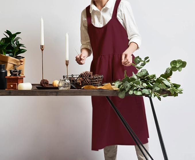 NEWGEM Cotton Linen Cross Back Apron for Women with Pockets Cute Japanese Korean Style Pinafore Dress Purplish Red