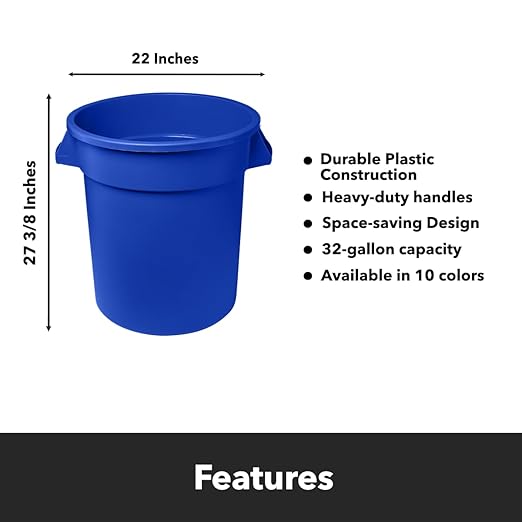 Feed and Seed Storage Container, 32 Gallon Blue Round Commercial Trash Can, Food Storage Plastic Bin, Use in Agricultural, Gardening, or Household