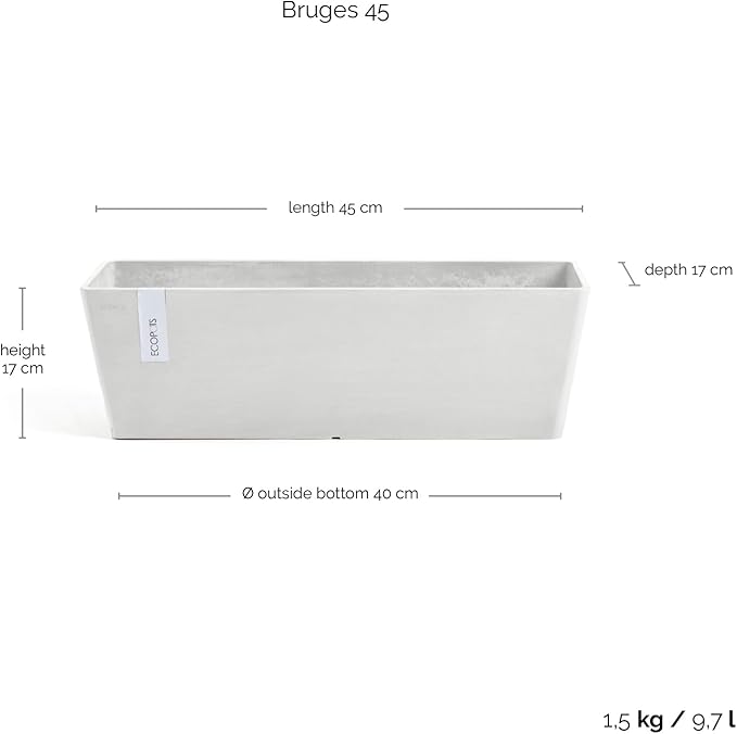 Ecopots Bruges Durable Modern Rectangular Indoor/Outdoor Recycled-Based Composite Flower Pot Planter, Pure White, 17.75"