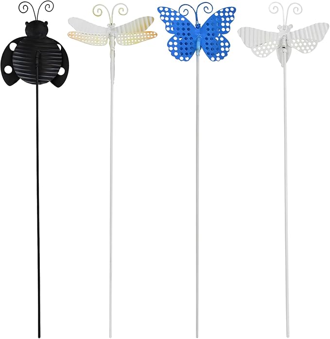 Veclotch 4Pcs Metal Insects Garden Stakes, 16"" H Rustic Butterfly, Bee, Dragonfly, Ladybug Stake, Decorative Spring Outdoor Garden Decor Planter Flower Pot Metal Stick for Patio,Lawn,Yard,Pathway