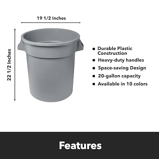 Feed and Seed Storage Container, 20 Gallon Gray Round Commercial Trash Can/Ingredient Bin, Food Storage Plastic Bin, Use in Agricultural, Gardening, or Household