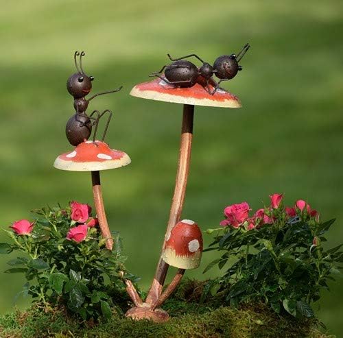 Zaer Ltd. Metal Ants on Mushrooms Short Garden/Pot Stake (2 Ants, Relaxing)