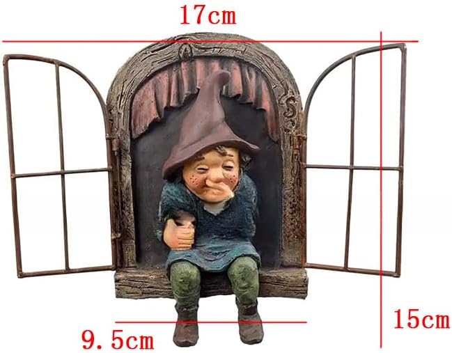 Tree Gnome Statue Open Door Fairy Wall Decoration -Resin Tree Window Figure Decor for Outdoor Patio Lawn Porch (Brown)