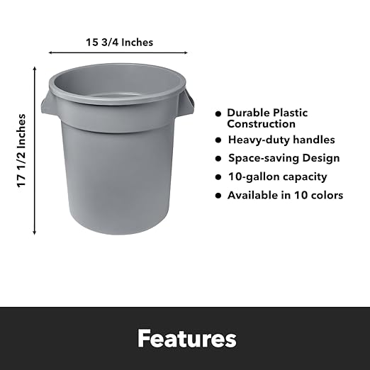 Feed and Seed Storage Container, 10 Gallon Gray Round Commercial Trash Can and Lid, Food Storage Plastic Bin, Use in Agricultural, Gardening, or Household