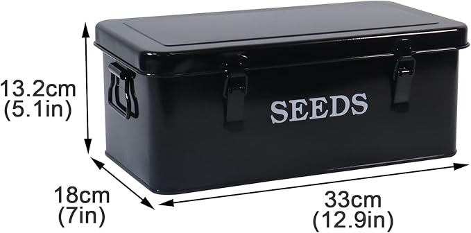 Garden Seed Box, Black Metal Seed Storage Box, Seed Storage Organizer Case with 4 Dividers, Seeds Packet Container for Gardening, Seed Envelope Storage Box with Portable Handle & Safety Lock