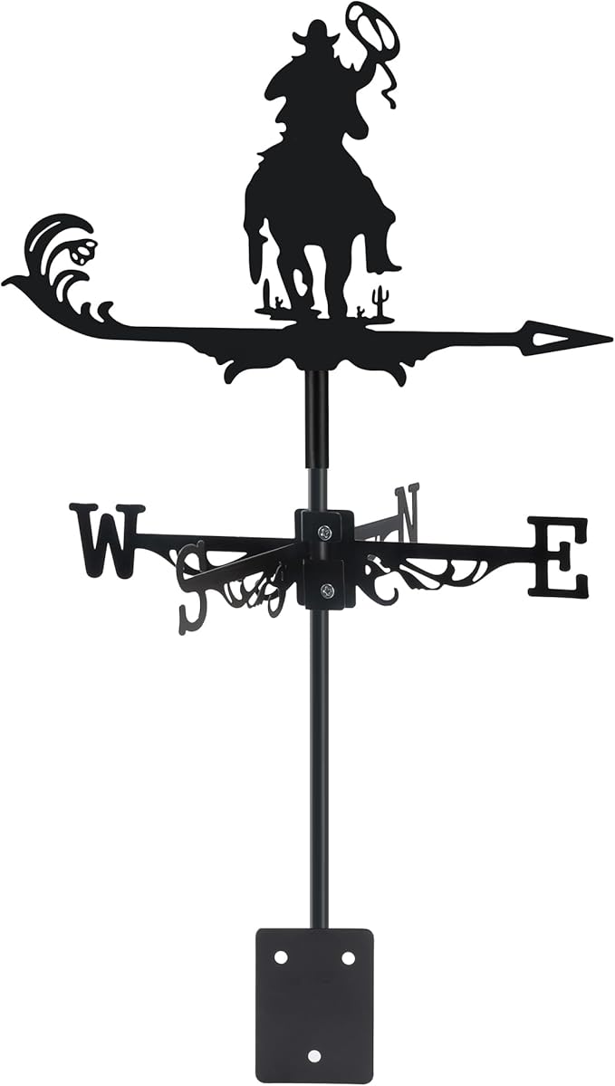Cowboy Weather Vane, Black Metal Weathervane Roof Mount, Wind Vane Ornament Decoration for Shed Garden Yard Farmhouse Patio Decor, Wind Direction Indicators Wind Measuring Tool Outdoor