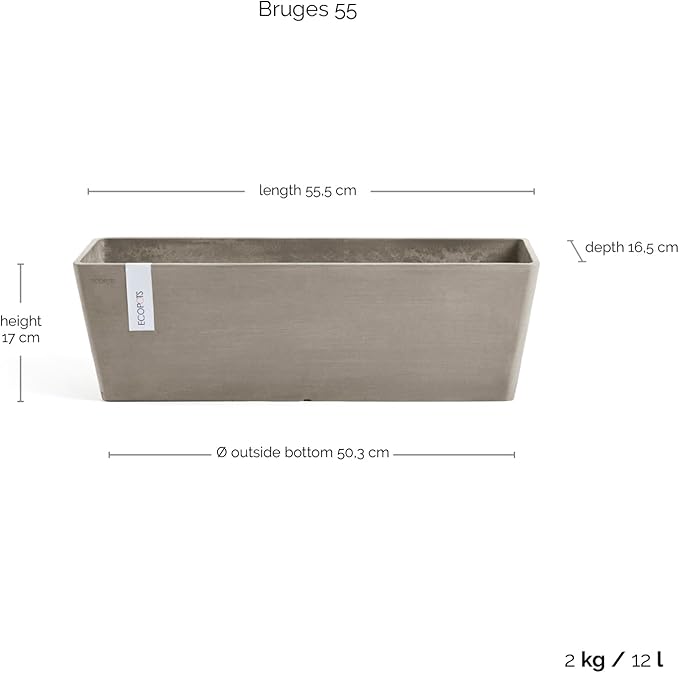 Ecopots Bruges Durable Modern Rectangular Indoor/Outdoor Recycled-Based Composite Flower Pot Planter, Taupe, 21.5"