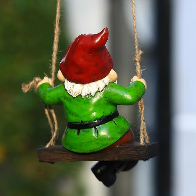 Garden Gnome Hanging Statue – Funny Swinging Dwarf Figurine,Hand-Painted Resin Outdoor Decor for Patio,Yard, Porch or Lawn,Great