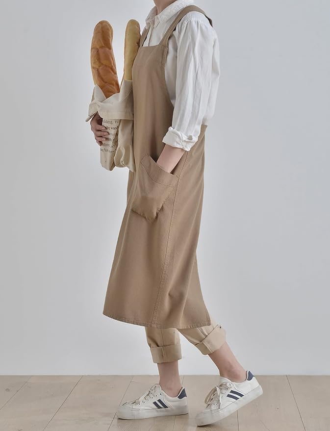 Cotton Linen Apron Cross Back Japanese Smock for Women Cooking With Pockets Pinafore Dress Kitchen Baking Gardening
