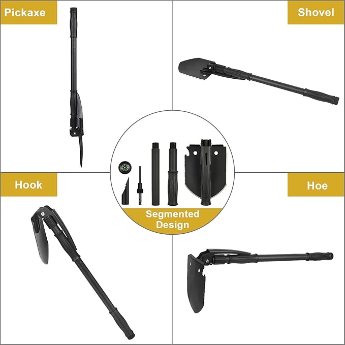 Survival Shovel, (28.3'') Camping Folding Shovel, Military Spade Multitool, Tactical Trench Tool, with Pickaxe, Compass, Whistle, Molle Bag for Digging, Metal-Detecting, Off Roading, Emergency