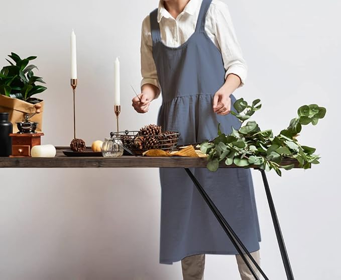 NEWGEM Cotton Linen Cross Back Apron for Women with Pockets Cute Japanese Korean Style Pinafore Dress Blue Grey