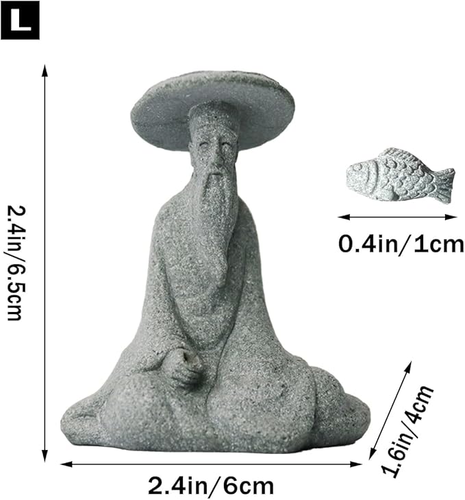 livelyfish Mini Fisherman Statue Asian Zen Decoration Sitting Fishing Figurines Sandstone Vintage Ornament for Aquarium Fish Tank Pot Garden Home Japanese Decor (B2)