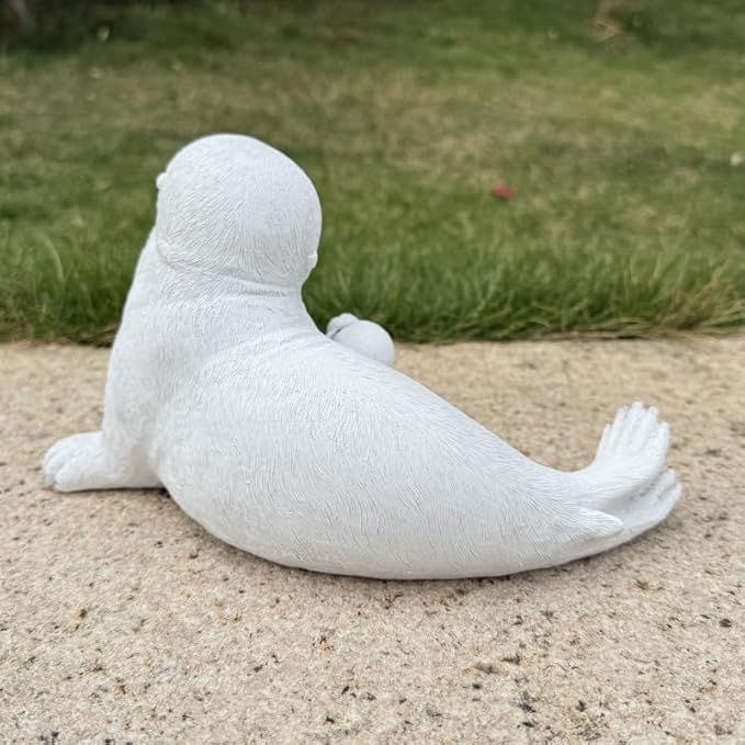 Large White Sea Lions Figurine Statues for Zoo, Oceanarium, Garden, Outdoor Decor, Porch Decorations Patio Yard Lawn Ornament, Funny Animal Sculpture Gift, Solid Interior, Resin, 9.8 in