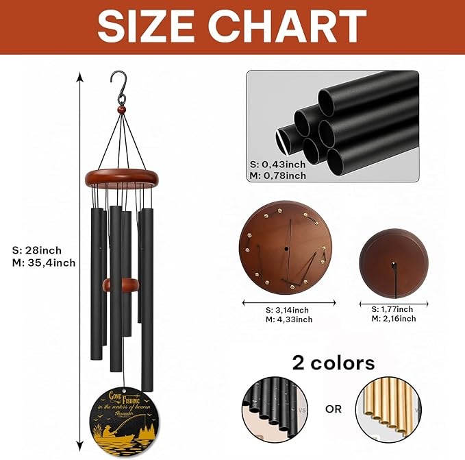 Personalized Gone Fishing Memorial Wind Chime – Gone Fishing in The Water Heaven Fisherman Design – Custom Name, Dates Outdoor Sympathy Gift for Men, Dad, or Grandpa – Memorial Garden Decor for Loss