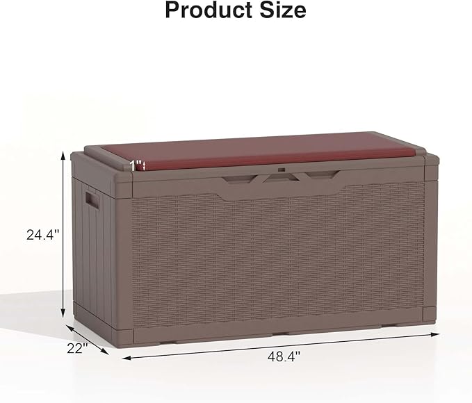 Patiolife 100 Gallon Resin Deck Box with Cushion, Large Outdoor Storage Box for Garden Tools, Pool Supplies, Waterproof and Lockable, Dark Brown