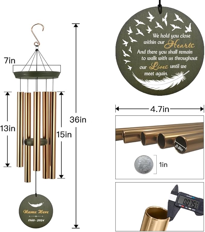 Personalized Sympathy Wind Chimes, 36" Deep Tone Wind Chimes for Loss of Loved Father/Mother/Lover, Angel's Feather Memorial Wind Chime, Bereavement Gifts for Funeral (Produced in USA)