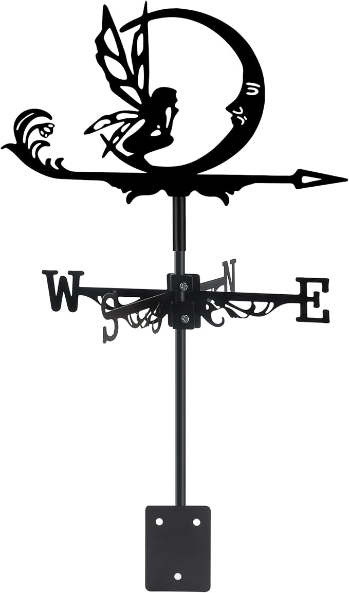 Fairy and Moon Weather Vane, Black Metal Weathervane Roof Mount, Wind Direction Indicators Wind Measuring Tool Outdoor, Wind Vane Ornament Decoration for Shed Garden Yard Farmhouse Patio Decor