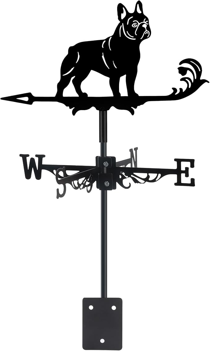French Bulldog Weather Vane, Black Metal Dog Weathervane Roof Mount, Wind Direction Indicators Wind Measuring Tool Outdoor, Wind Vane Ornament Decoration for Shed Garden Yard Farmhouse Patio Decor