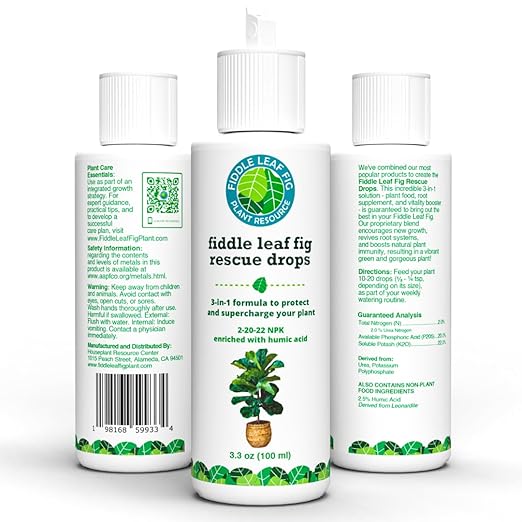 Fiddle Leaf Fig Rescue Drops β Treats Root Rot, Brown Spots, Leaf Drop & Stress | Immune Boosting Liquid Formula Concentrate | Easy to Use | Safe for All Tropical Plants | 3.3 oz | Made in USA