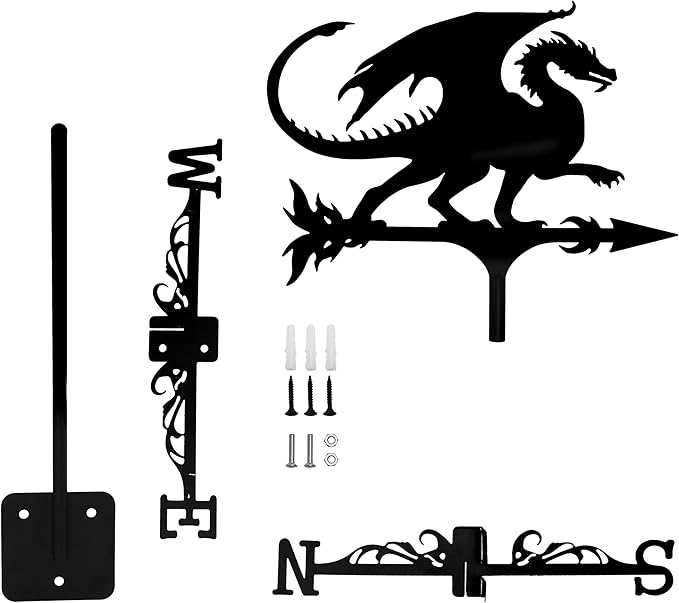 Dragon Wind Weathervanes for Roofs Mount, Mini Weather Vain Vein with Creative Shapes & Metal Material for Sheds, Courtyard & Garden Fence Decoration Outdoor (Black, 1PC)