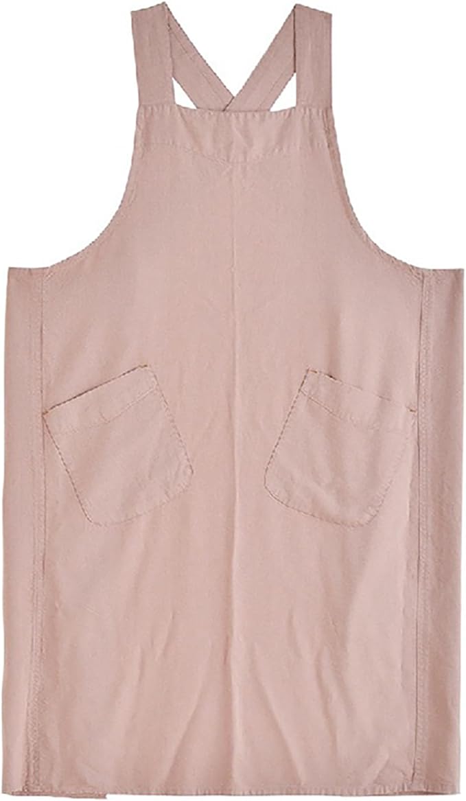Cotton Linen Apron Cross Back Japanese Smock for Women Cooking With Pockets Pinafore Dress Kitchen Baking Gardening