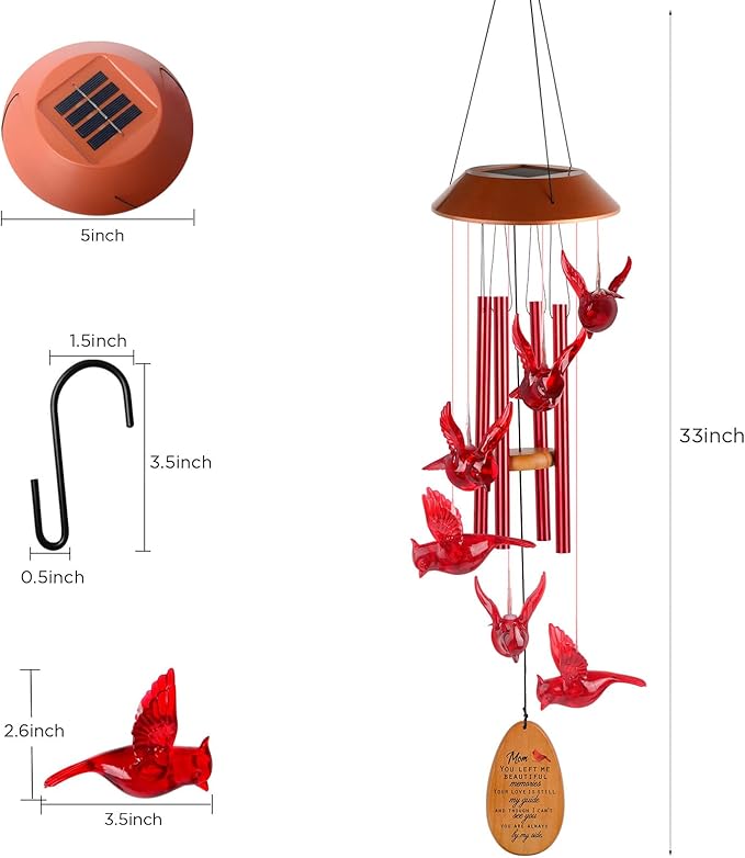 Cardinal Red Bird Solar Wind Chimes - Outdoor Garden Gifts for Mom from Daughter or Son - Mom's Room Decor for Mother's Day, Thanksgiving, Christmas, Birthday