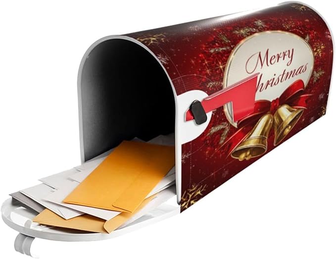 Festive Magnetic Mailbox Cover Red Christmas Bell Pattern Outdoor Mailbox Protector Holiday Seasonal Decorative Garden Yard Home Large Size 25.5 x 21 Inch
