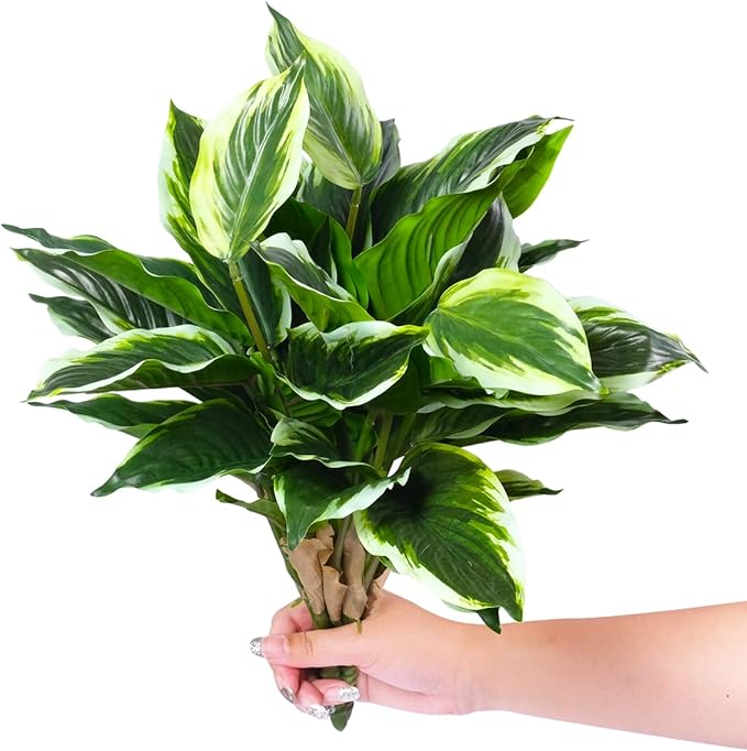 3PCS Artificial Tropical Green Plants – 19.6" Fake Hostas Outdoor Artificial Plants, UV Resistant, Faux Green Leaf Stems for Porch, Patio, Balcony, Garden Planter or Indoor Décor