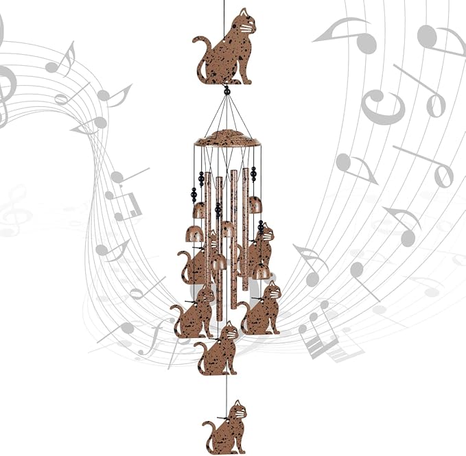 Outdoor Cats Wind Chimes Indoor Decor - Hand-Made Mobile Romantic Brown Wind Catcher, 36" Cat Wind Bells for Home, Balcony, Patio, Garden Festival Decoration, Gift for Mom(4 Tubes, 6 Bells, 7Cats)