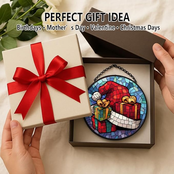 Stained Glass Window Hanging – 7.8 in Santa Hat Gifts Panel with Chain, Bathroom Front Door Living Room Garden Decor, Gift for Mom Wife Lovers