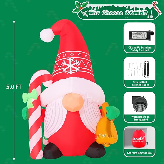 COMIN 5 FT Christmas Inflatables Gnome Outdoor Decoration Blow Up Yard with Built-in LEDs for Holiday Garden Party Decor