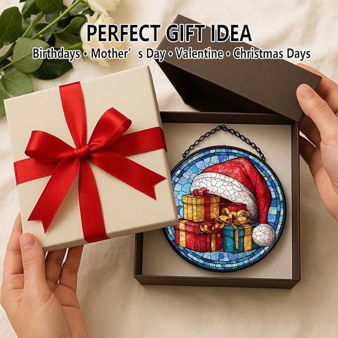 Stained Glass Window Hanging – 6.3 in Santa Hat & Gifts Panel with Chain, Bathroom Front Door Living Room Garden Decor, Gift for Mom Wife Lovers