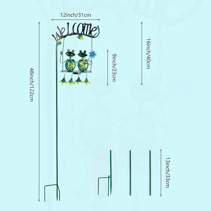 HONGLAND Solar Lights Outdoor Waterproof, Frog Swing Garden Decor, Frog Decorative Stake with Welcome Sign Landscape Patio Yard Gifts for Women Mom (48 inch)