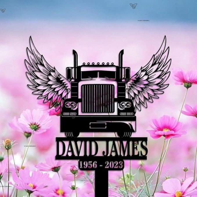 Custom Semi Truck Driver Memorial Stake – Personalized Trucker Angel Wings Grave Marker, Sympathy Sign, Remembrance Stake (Truck Driver Memorial)