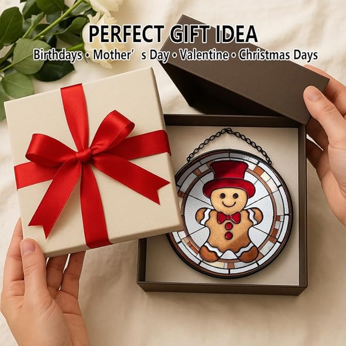 Stained Glass Window Hanging – 7.8 in Gingerbread Man Panel with Chain, Bathroom Front Door Living Room Garden Decor, Christmas for Mom Wife Lovers