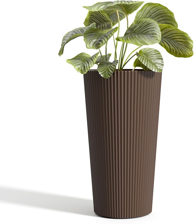 Tall Outdoor Planter Front Porch Decor Set of 2-23.6" H Tall Planters for Outdoor Plants with Drainage Hole, Round Conical Design Flower Pots for Indoor/Patio/Garden, Brown
