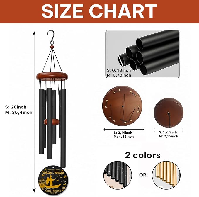 Personalized Gone Fishing Memorial Wind Chime – “Fishing in Heaven” Fisherman Wind Chimes– Custom Name & Dates – Outdoor Sympathy Gift for Men, Dad, or Grandpa – Memorial Garden Decor for Loss
