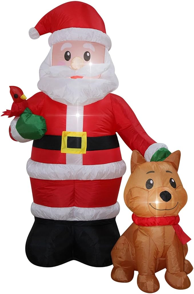 Christmas Inflatables Santa with Dog Cardinal Lighted Yard Lawn Inflatable Decoration with Built-in Fan and Stakes Ropes Holiday Party Decor, Christmas Decor (5FT-Santa with Dog & Cardinal)