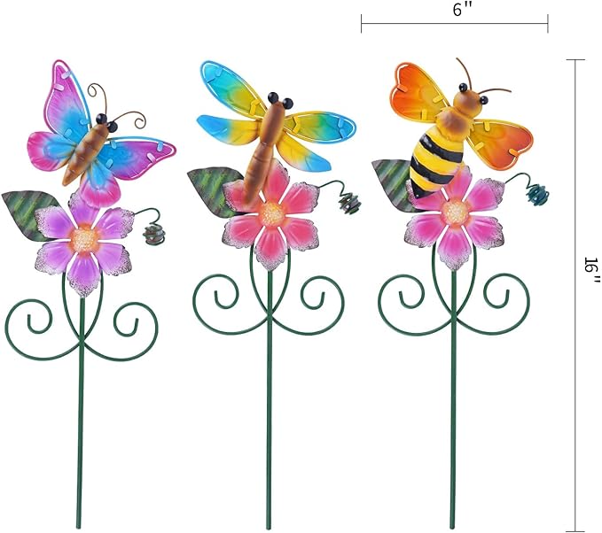 Topadorn Floral Garden Stakes Outdoor Plant Pick Waterproof Metal Flower Garden Stakes for Lawn Yard Patio,Pathway and Planter Pot Decor,Set of 3,Bee,Butterfly and Dragonfly